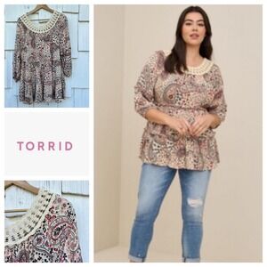 Torrid Paisley Crochet Neck Tiered Peasant Tunic Top Blouse Women Plus Size 3X
